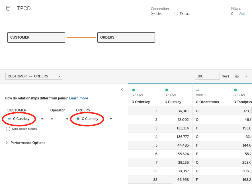Редактор связей Tableau, показывающий соединение между таблицами CUSTOMER и ORDERS по полю Custkey